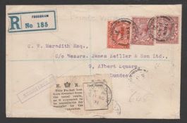 G.B. - Railways 1921 Registered cover from Frodsham to Dundee marked fragile and with additional dia