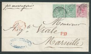 Mauritius 1875 Entire to France franked 1863 4d rose and 6d green pair each cancelled 