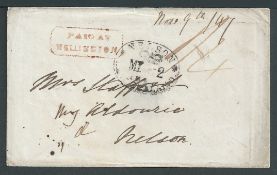 New Zealand 1847 Cover from Wellington to Nelson prepaid 1/4 with red boxed 