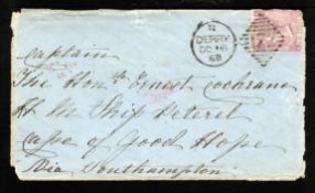G.B. - Ship Letters - Devonport / Ireland / Cape Colony 1868 Cover from Derry franked 6d (faults) pa