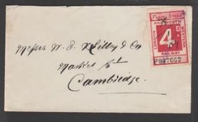 G.B. - Railways 1904 Cover to Cambridge franked London and North Western Railway 4d parcel stamp wit