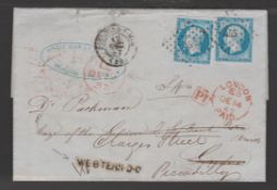 Great Britain - London 1857 Cover from France to London, redirected from the City to Piccadilly, wit