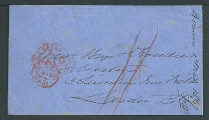 St. Kitts 1867 Stampless cover to London prepaid 1/- in crash with red 