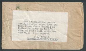 Crash & Wreck 1939 Water-stained Cover from England to Western Australia, with the stamp soaked off,