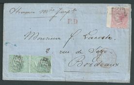 Mauritius 1869 Entire from Mauritius to Bordeaux franked by 1863 4d rose and 6d green vertical pair,