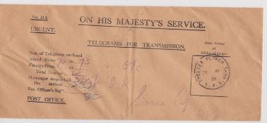 G.B. - Exhibitions / Telegrams 1936 O.H.M.S. Telegrams for Transmission envelope used to send four i