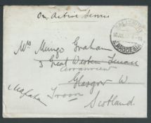 Southern Rhodesia 1917 Stampless On Active Service cover to Scotland with Salisbury c..d.s.