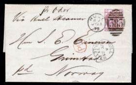 G.B. - Ship Letters - Hull / Yorkshire 1873 Entire letter from Hull to Norway franked 3d with 