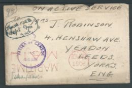 Falkland Islands 1943 Stampless O.A.S. cover (flap missing) to England with violet 
