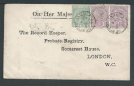 Jamaica 1899 Cover to London with QV 1/2d and 1d pair tied by 