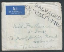 Crash Cover 1938 (Nov 21) Cover (letter enclosed) from Wrexham to Tasmania, the stamp washed off, ha