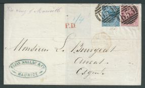 Mauritius 1873 Entire to France franked 1863 4d rose and 1/- blue each cancelled 