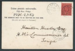 Fiji 1905 Picture postcard to Tonga with KEVII 1d tied by 