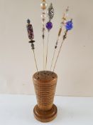 Vintage Hat Pins With Wooden Holder