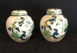 Vintage pair of 7'' 'Masons lidded Ginger Jars 'Chartruese' pattern