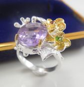 Unique fine art natural Amethyst sterling silver ring