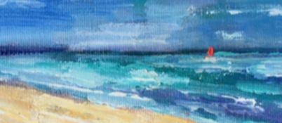 Red Sail Coastal Scene, Signed Oil on Canvas Board. Indistinctly signed.