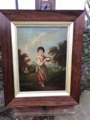 Oil painting on board of Lavinia the milkmaid after gainsborough