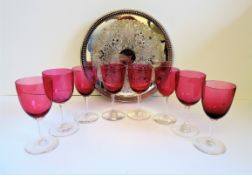 Antique Set of 8 Victorian Cranberry Wine Glasses on Silver Tray