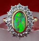 18ct (750) Yellow Gold Black Opal & 1.4ct Diamond Cluster Ring - Hand Made with Insurance Valuation
