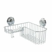 Boxed New Chrome Wire Super Suction Corner Basket 2 Hooks Bathroom Corner Caddy