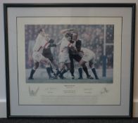 'Honours Even' limited edition rugby print signed by Lawrence Dallaglio of Eng-All Blacks draw 1997