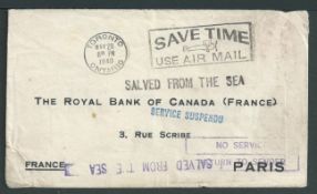 Wreck Mail / World War Two 1940 (May 28) Cover from Canada to France, recovered from S.S 