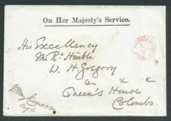 Ceylon 1872 Stampless O.H.M.S. cover to W. H. Gregory, the Governor of Ceylon at Queens House, Colom