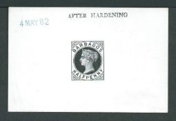 Barbados 1882 1/2d Postcard stamp Die Proof on white glazed card stamped 