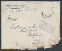 Crash & Wreck 1916 Cover from London to Sweden, the stamp missing and the edge burnt and repaired by