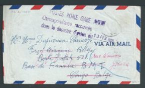 Crash & Wreck 1955 Cover from Belgium to the Belgian Congo with the stamps washed off handstamped 