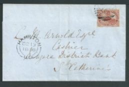 Canada 1858 Entire to St. Catherines U.C., bearing 1852-57 3d deep red/brown (S.G. 6, 8) fine used w