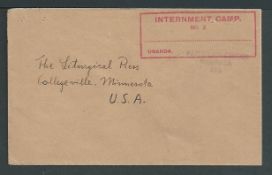 KUT - Uganda c.1940 Stampless cover to the USA from Uganda Internment Camp No 2 with red boxed 