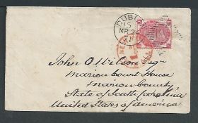 G.B. - Ireland - Dublin / Surface Printed 1871 Cover to S. Carolina with 1870 3d rose tied by 