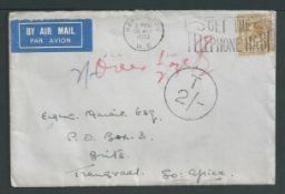 South Africa 1933 Air Mail cover from London to Transvaal franked 1/-, endorsed 