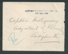 Boer War 1900 Stampless cover addressed to the Adjutant of Volunteers within besieged Ladysmith, can
