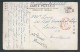 Hong Kong 1917 Stampless picture postcard to London headed 