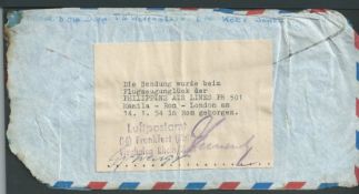 Crash & Wreck 1954 Cover from Japan to Germany, some fire and water damaged, handstamped 