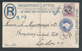 Gold Coast 1902 2d Registration envelope to London franked QV 1d cancelled by two strikes of 