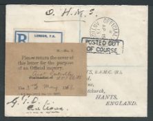 Antigua 1913 Stampless O.H.M.S. cover from the G.P.O. to England with black 