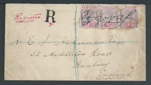 Gold Coast 1901 Registered cover to England bearing QV 1d pair and a single (faults) cancelled by ma