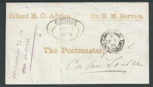 Cape of Goo Hope 1874 Stampless cover with printed heading 