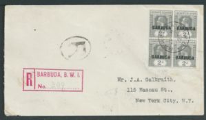Barbuda 1923 Registered Cover to New York franked 1922 2d block of four 