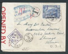 Aden 1942 Underpaid censored letter (flap missing) to Chicago, with 1939 21/2a tied by cds, large en