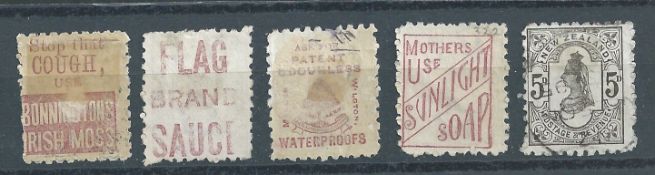 New Zealand 1890-95 5d Perf 10 olive-black with adverts on reverse (5) four used, one unused much o