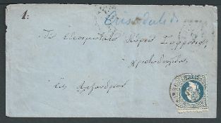 Cyprus 1875 Cover to Alexandria bearing Austrian Levant 10s blue cancelled by 