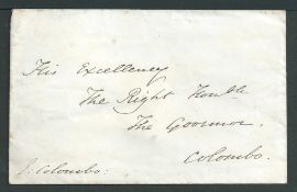 Ceylon 1849 Cover signed by the Bishop of Colombo sent to the Governor of Ceylon in Colombo, backst