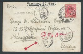 India 1908 Picture postcard from Scotland to a soldier in Napiers Rifles at Bangalore, redirected to