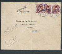 Cyprus 1935 Cover to Larnaca with three Egypt stamps cancelled by two violet 