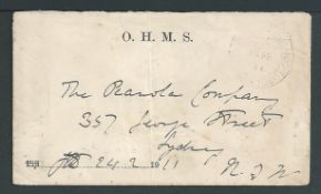 Gilbert & Ellice Islands 1911 (Feb 24) Stampless O.H.M.S. cover (light vertical fold) with 